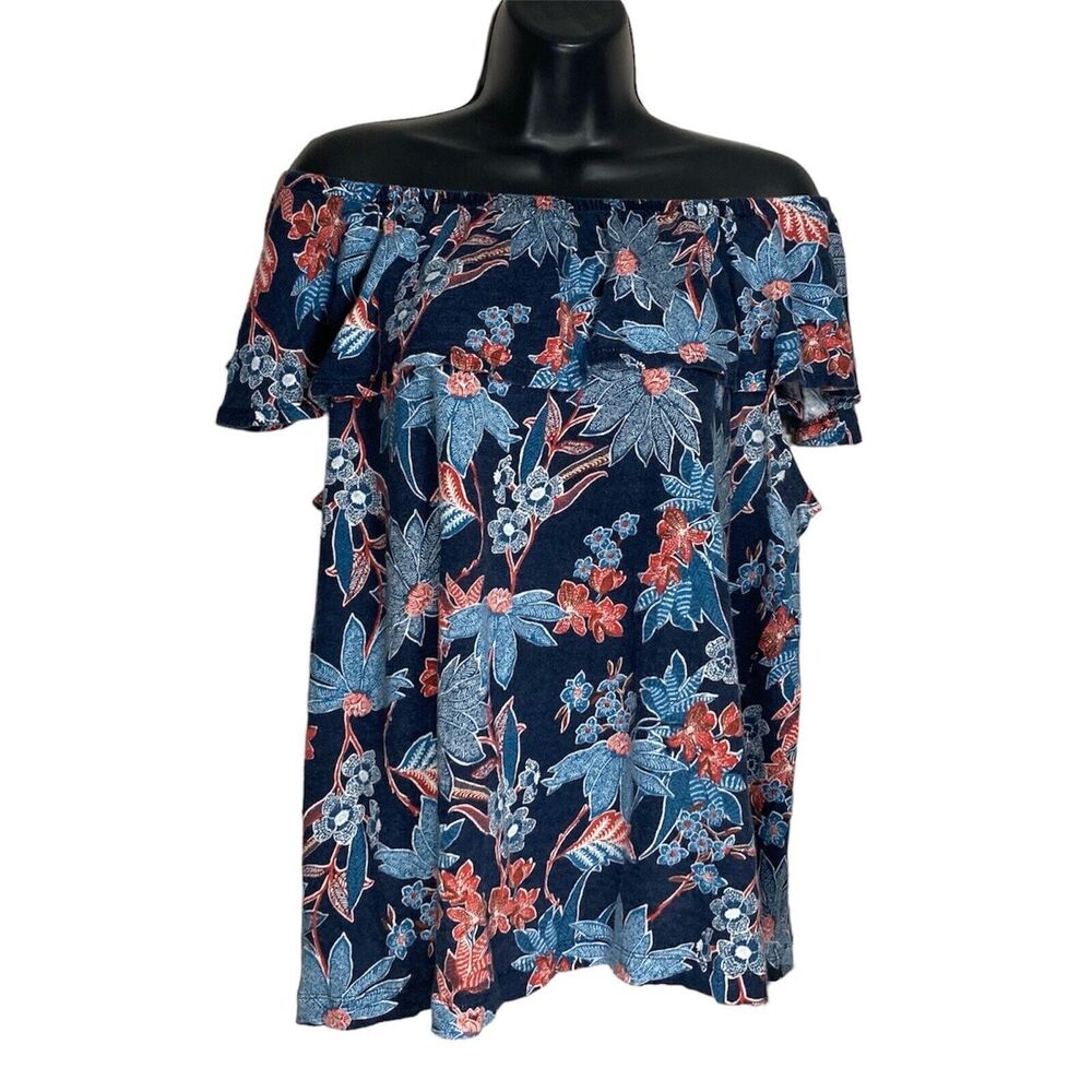 J Jill Love Linen Top Womens 2X Blue Floral Short Sleeve Shirt Coastal Bohemian